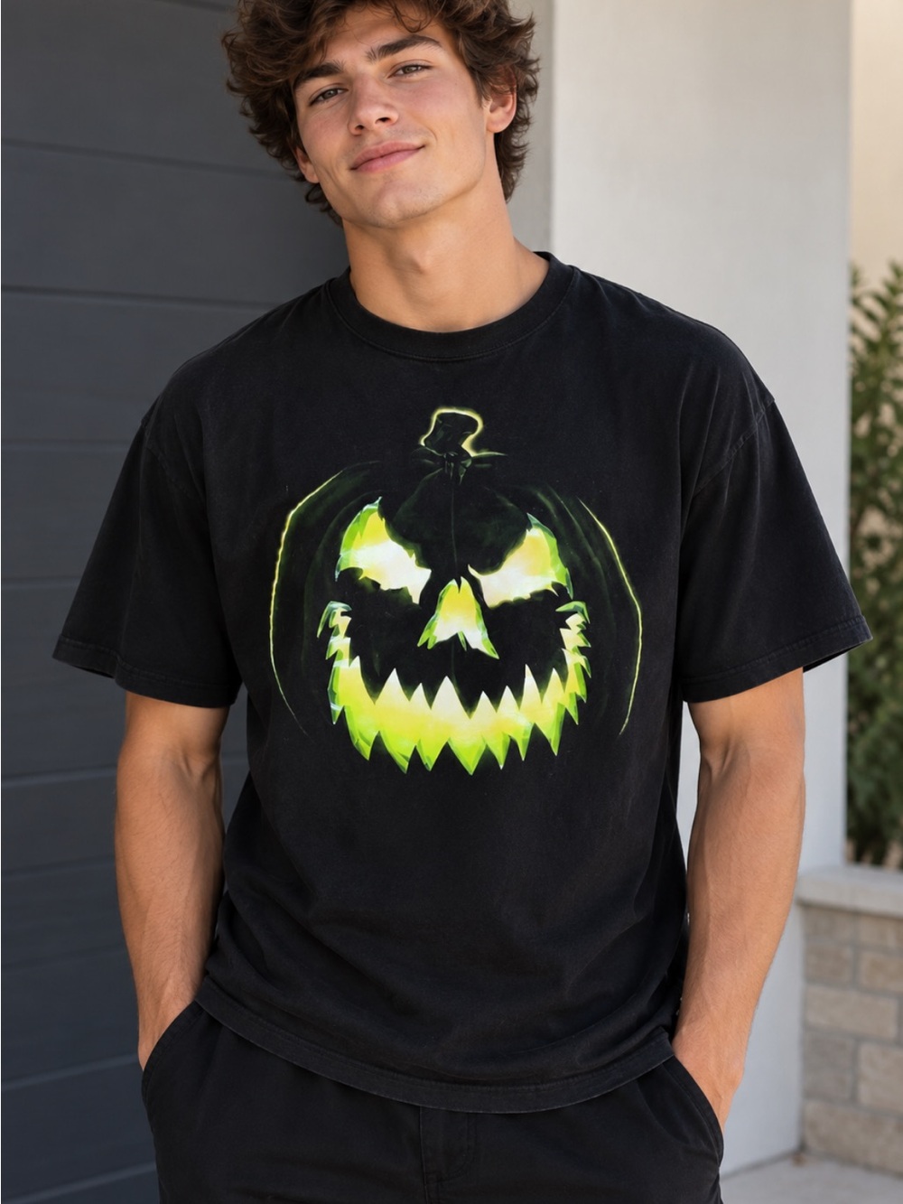 Men's Black Graphic Pumpkin Face Tee Glow-in-the-dark graphic, size L.